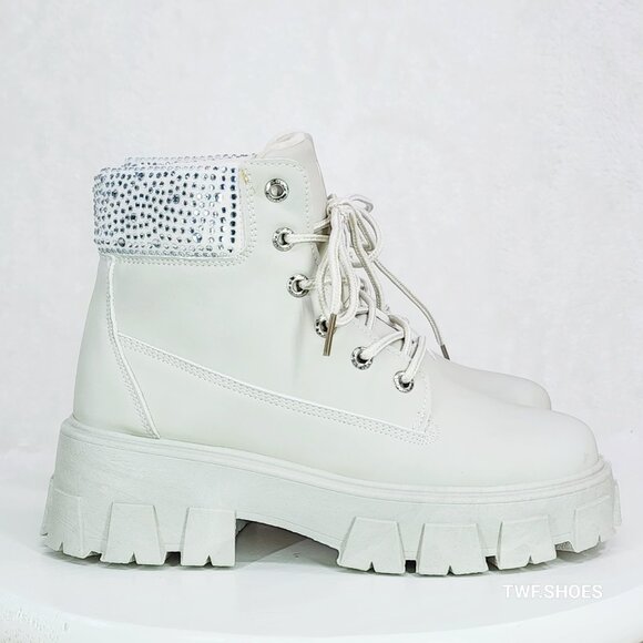 Teck Off White Combat Ankle Work Boots With Rhinestone Cuffs New - Picture 3 of 10